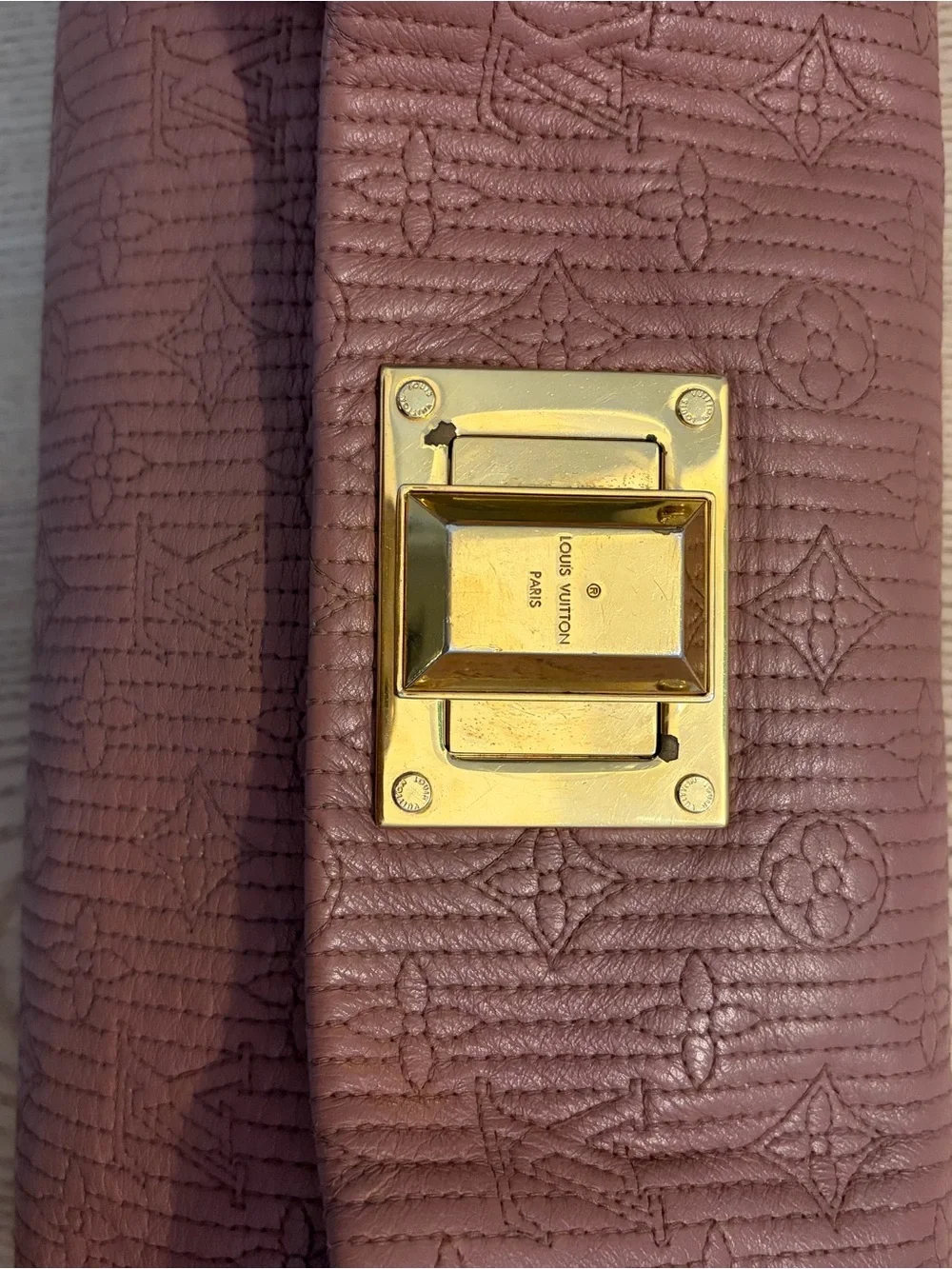 Louis Vuitton Mauve Taupe Leather Monogram Clutch with Gold Mirror